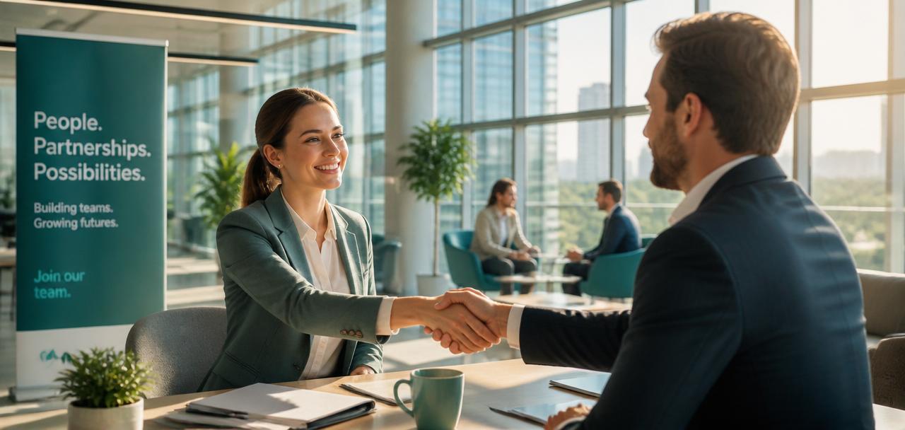 Professional handshake in a modern glass office
